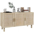 Buffet de salle à manger, meuble de cuisine, meuble de bar à café avec 3 portes en rotin et étagères réglables, mélangé naturel