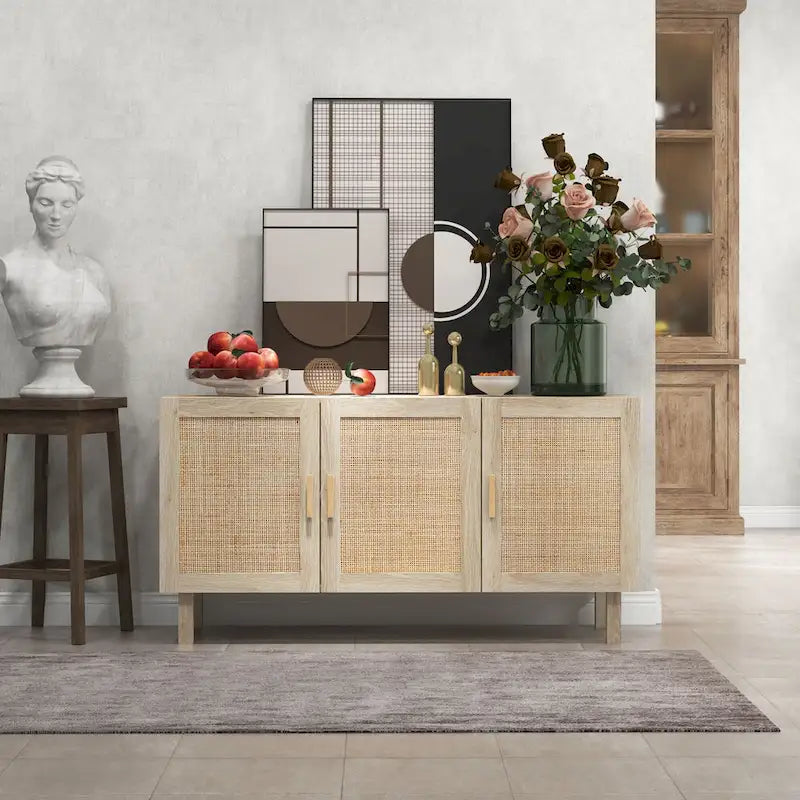 Buffet de salle à manger, meuble de cuisine, meuble de bar à café avec 3 portes en rotin et étagères réglables, mélangé naturel