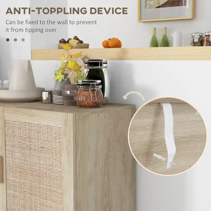 Buffet de salle à manger, meuble de cuisine, meuble de bar à café avec 3 portes en rotin et étagères réglables, mélangé naturel