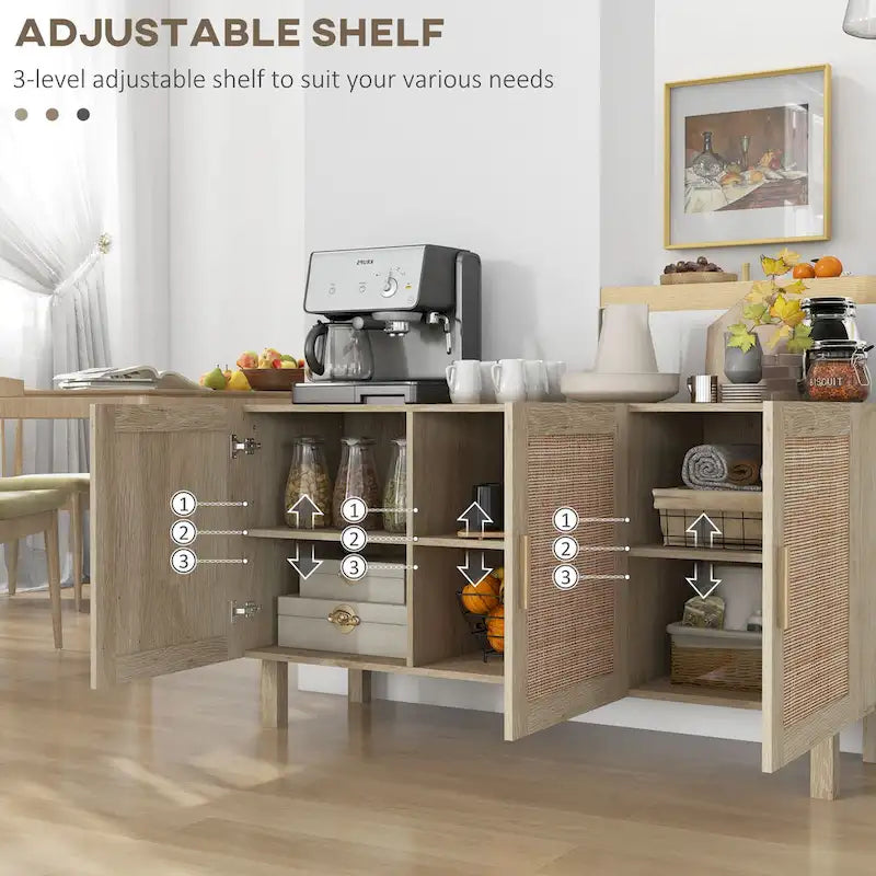 Buffet de salle à manger, meuble de cuisine, meuble de bar à café avec 3 portes en rotin et étagères réglables, mélangé naturel
