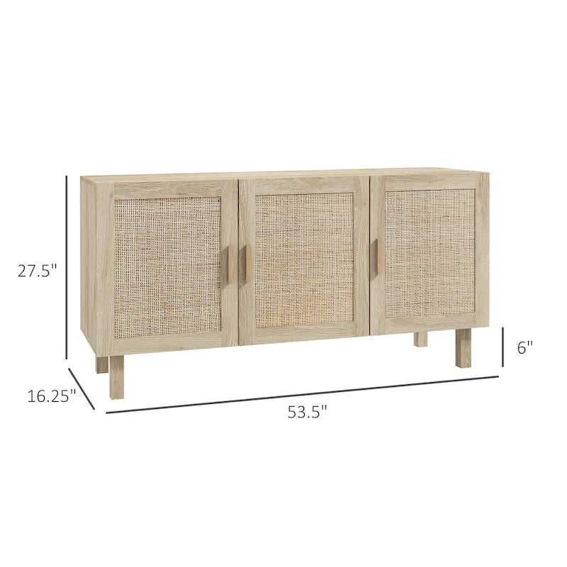 Buffet de salle à manger, meuble de cuisine, meuble de bar à café avec 3 portes en rotin et étagères réglables, mélangé naturel