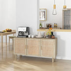 Buffet de salle à manger, meuble de cuisine, meuble de bar à café avec 3 portes en rotin et étagères réglables, mélangé naturel