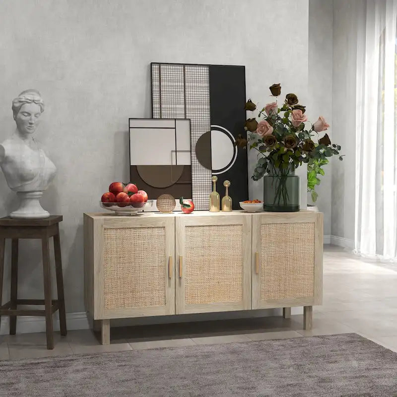 Buffet de salle à manger, meuble de cuisine, meuble de bar à café avec 3 portes en rotin et étagères réglables, mélangé naturel