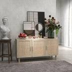 Buffet de salle à manger, meuble de cuisine, meuble de bar à café avec 3 portes en rotin et étagères réglables, mélangé naturel