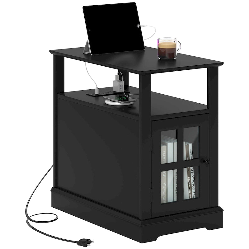 Table d'appoint avec station de recharge, Table d'appoint étroite avec ports USB et prises électriques, Petite table avec rangement dissimulé et étagère ouverte