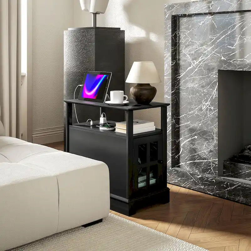 Table d'appoint avec station de recharge, Table d'appoint étroite avec ports USB et prises électriques, Petite table avec rangement dissimulé et étagère ouverte