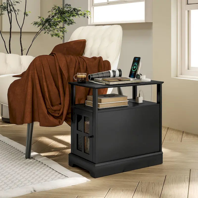 Table d'appoint avec station de recharge, Table d'appoint étroite avec ports USB et prises électriques, Petite table avec rangement dissimulé et étagère ouverte