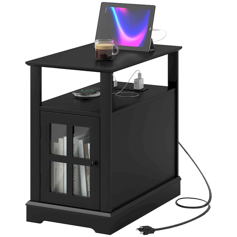 Table d'appoint avec station de recharge, Table d'appoint étroite avec ports USB et prises électriques, Petite table avec rangement dissimulé et étagère ouverte