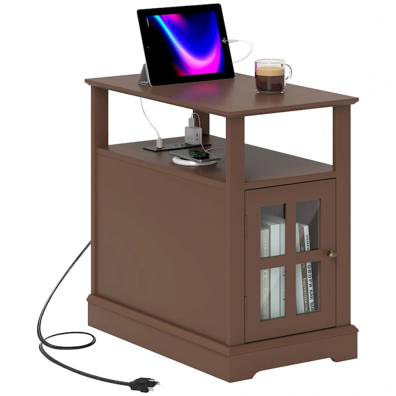 Table d'appoint avec station de recharge, Table d'appoint étroite avec ports USB et prises électriques, Petite table avec rangement dissimulé et étagère ouverte