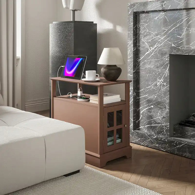 Table d'appoint avec station de recharge, Table d'appoint étroite avec ports USB et prises électriques, Petite table avec rangement dissimulé et étagère ouverte