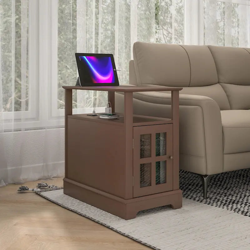 Table d'appoint avec station de recharge, Table d'appoint étroite avec ports USB et prises électriques, Petite table avec rangement dissimulé et étagère ouverte