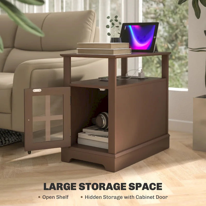 Table d'appoint avec station de recharge, Table d'appoint étroite avec ports USB et prises électriques, Petite table avec rangement dissimulé et étagère ouverte