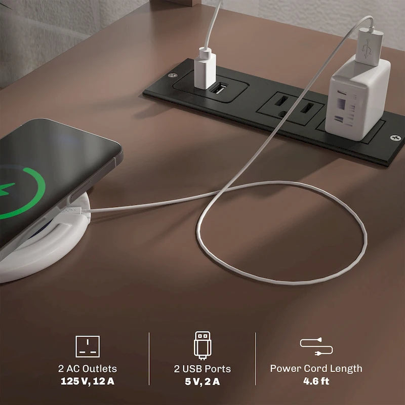 Table d'appoint avec station de recharge, Table d'appoint étroite avec ports USB et prises électriques, Petite table avec rangement dissimulé et étagère ouverte