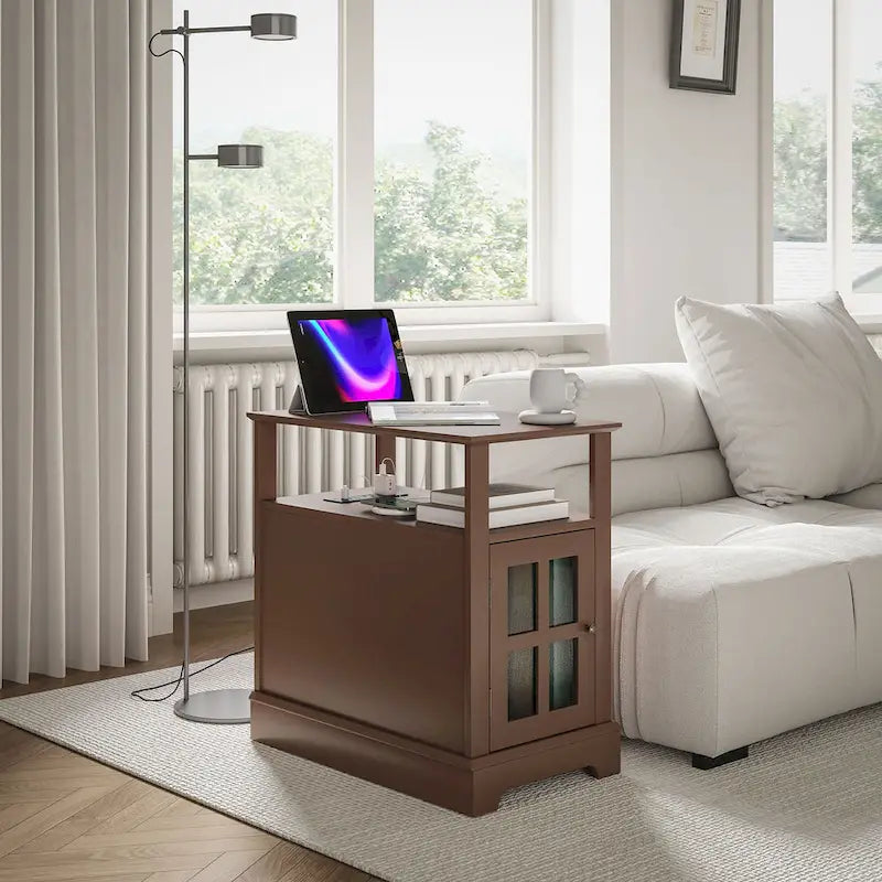 Table d'appoint avec station de recharge, Table d'appoint étroite avec ports USB et prises électriques, Petite table avec rangement dissimulé et étagère ouverte