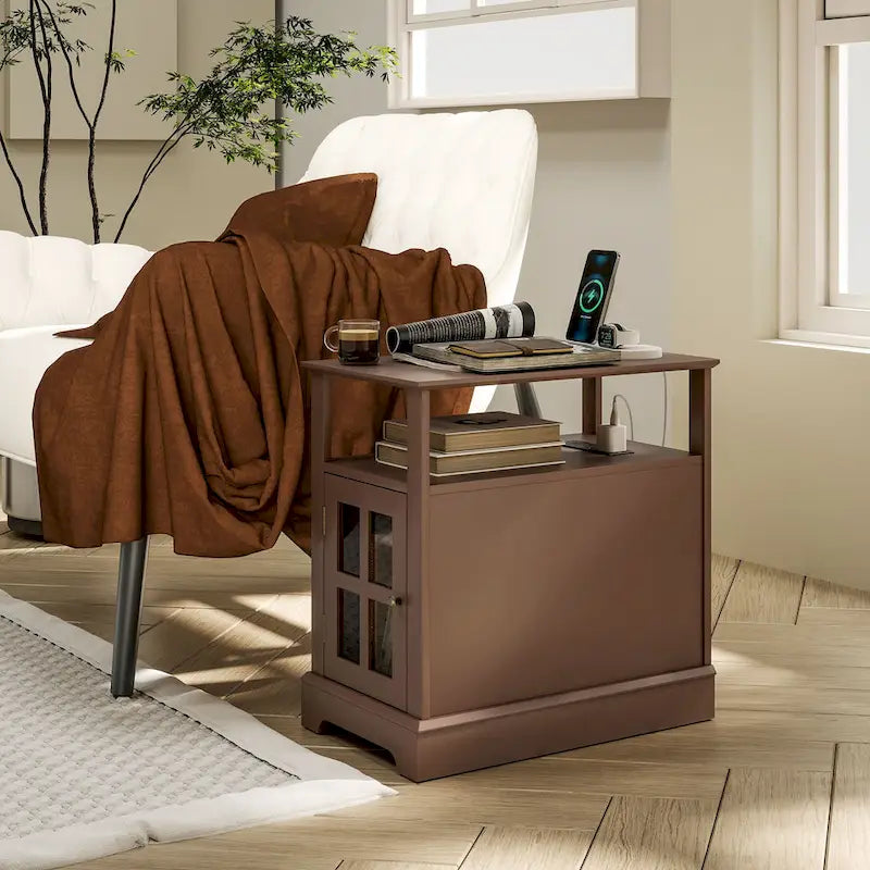 Table d'appoint avec station de recharge, Table d'appoint étroite avec ports USB et prises électriques, Petite table avec rangement dissimulé et étagère ouverte