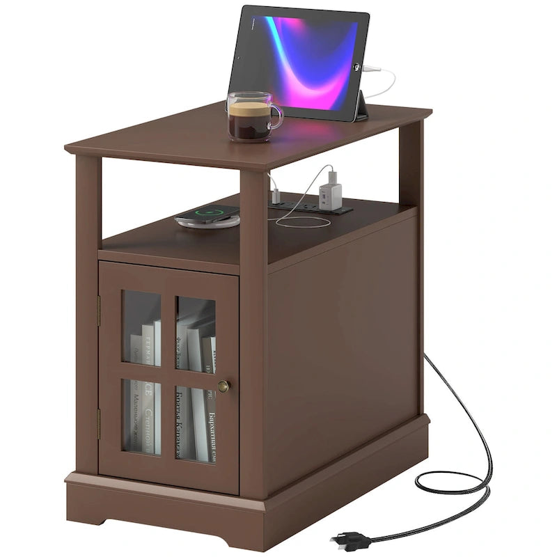 Table d'appoint avec station de recharge, Table d'appoint étroite avec ports USB et prises électriques, Petite table avec rangement dissimulé et étagère ouverte