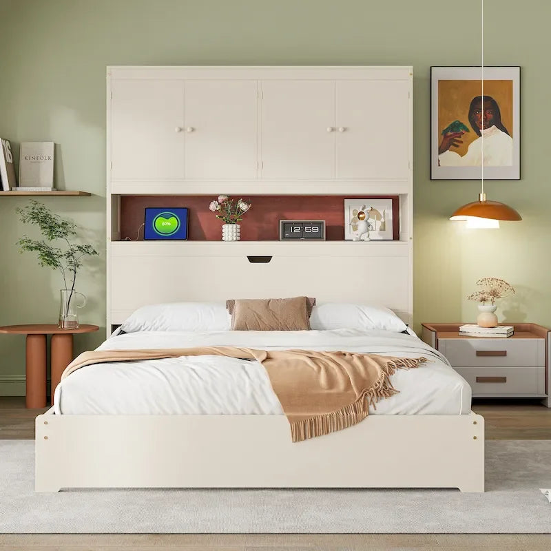 Lit plate-forme en bois avec rangement, lit double avec tête de lit de rangement