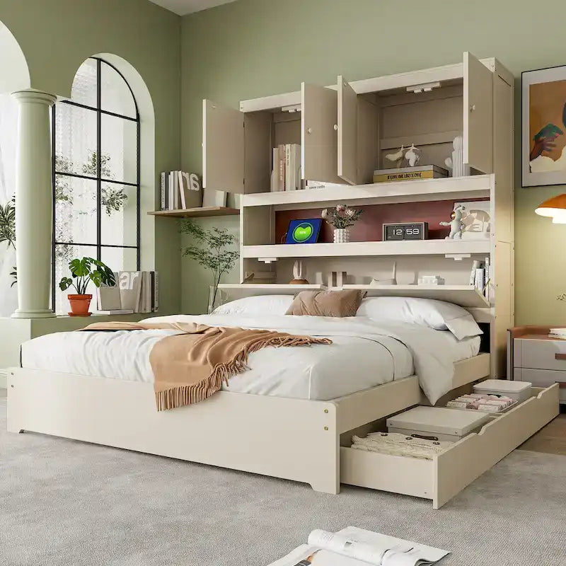 Lit plate-forme en bois avec rangement, lit double avec tête de lit de rangement