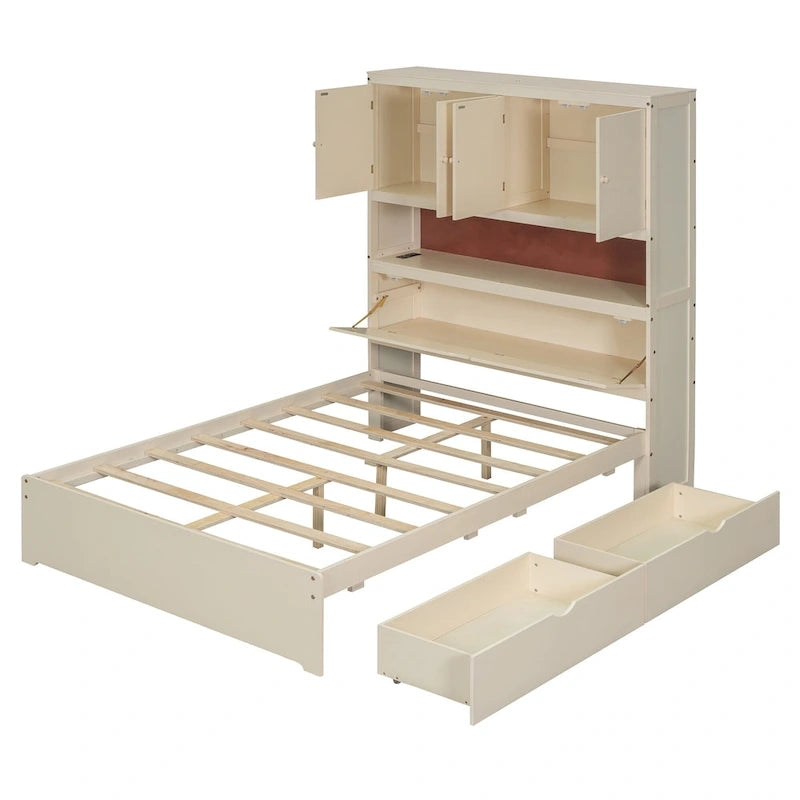 Lit plate-forme en bois avec rangement, lit double avec tête de lit de rangement