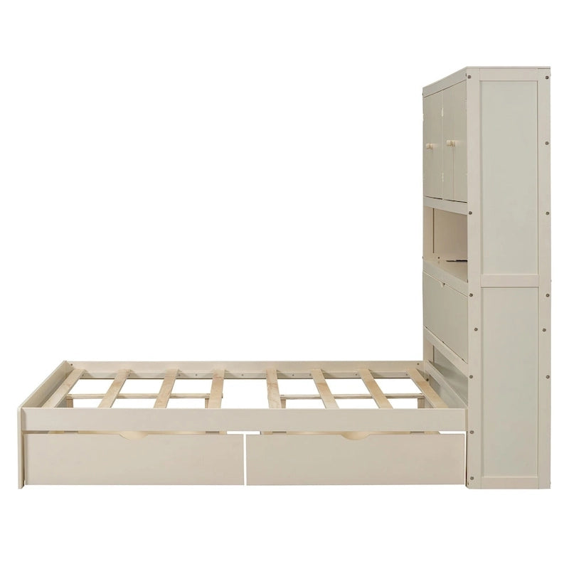 Lit plate-forme en bois avec rangement, lit double avec tête de lit de rangement
