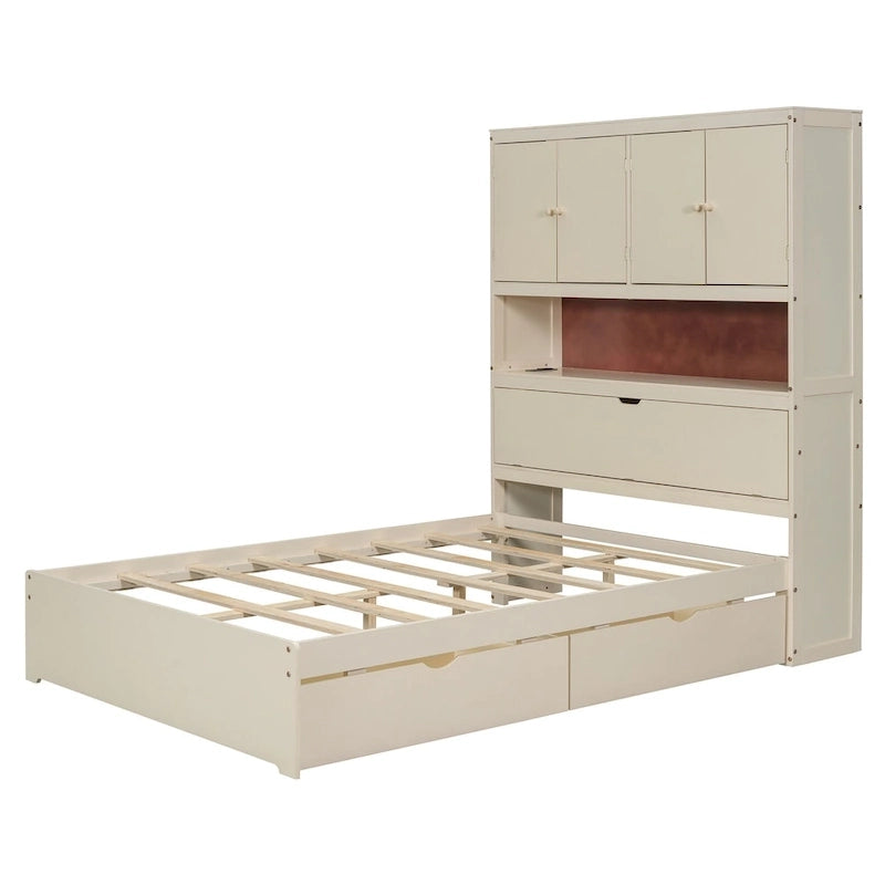 Lit plate-forme en bois avec rangement, lit double avec tête de lit de rangement