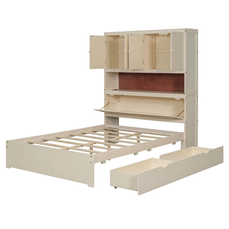 Lit plate-forme en bois avec rangement, lit double avec tête de lit de rangement