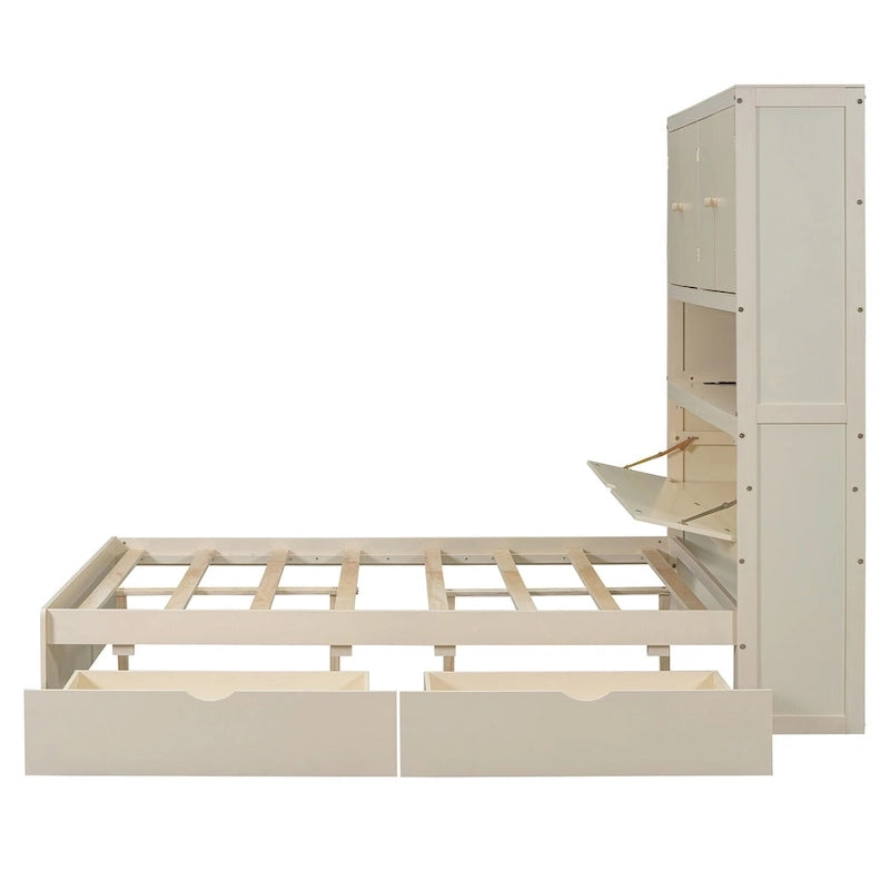 Lit plate-forme en bois avec rangement, lit double avec tête de lit de rangement