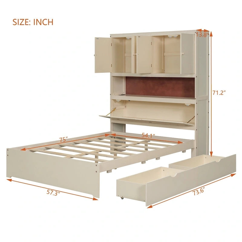 Lit plate-forme en bois avec rangement, lit double avec tête de lit de rangement