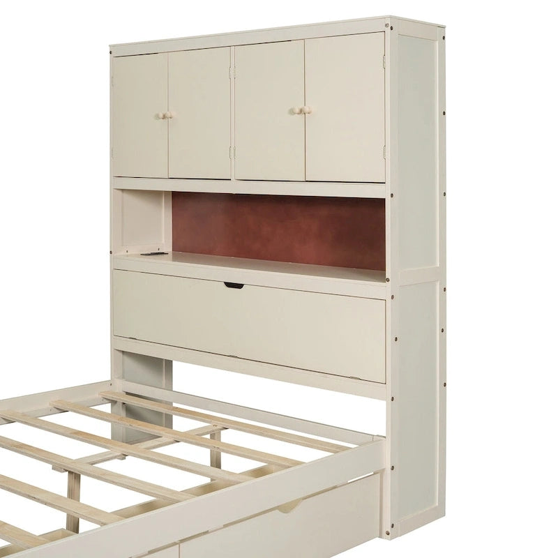 Lit plate-forme en bois avec rangement, lit double avec tête de lit de rangement