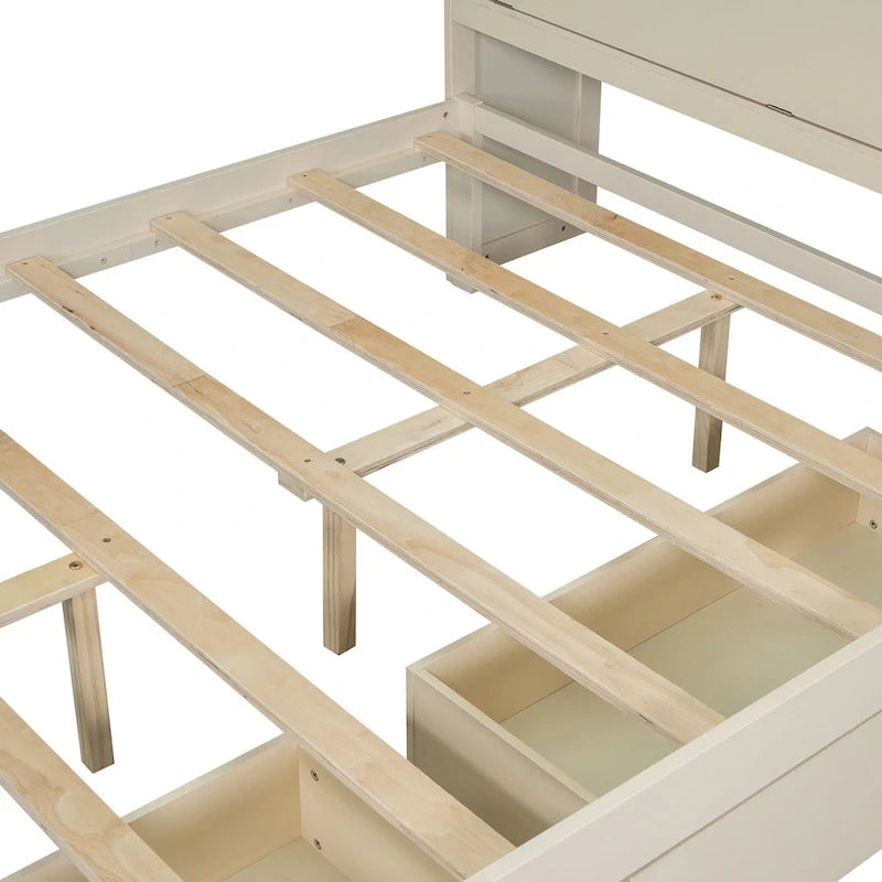 Lit plate-forme en bois avec rangement, lit double avec tête de lit de rangement