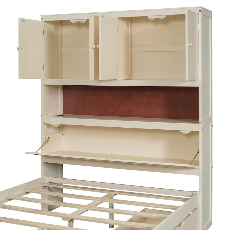 Lit plate-forme en bois avec rangement, lit double avec tête de lit de rangement