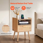 Table de chevet en bois naturel avec 1 tiroir et étagère ouverte, idéale pour le salon ou la chambre à coucher