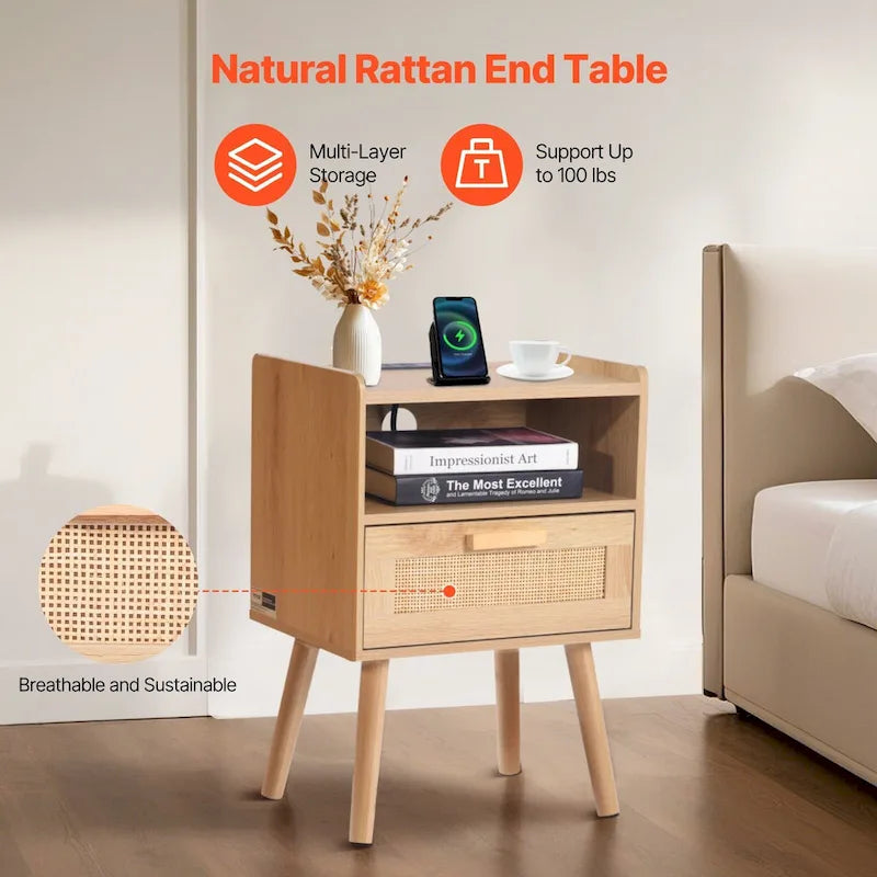 Table de chevet en bois naturel avec 1 tiroir et étagère ouverte, idéale pour le salon ou la chambre à coucher