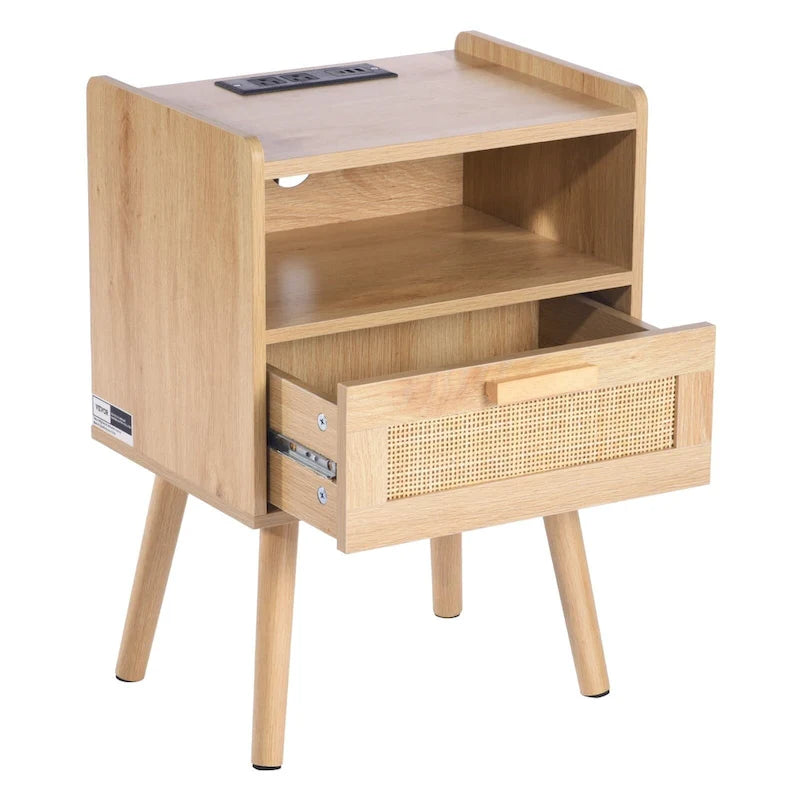 Table de chevet en bois naturel avec 1 tiroir et étagère ouverte, idéale pour le salon ou la chambre à coucher