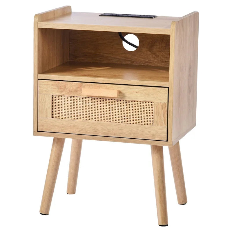 Table de chevet en bois naturel avec 1 tiroir et étagère ouverte, idéale pour le salon ou la chambre à coucher