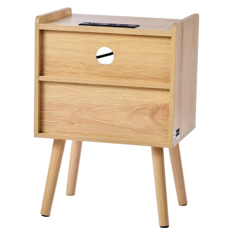 Table de chevet en bois naturel avec 1 tiroir et étagère ouverte, idéale pour le salon ou la chambre à coucher