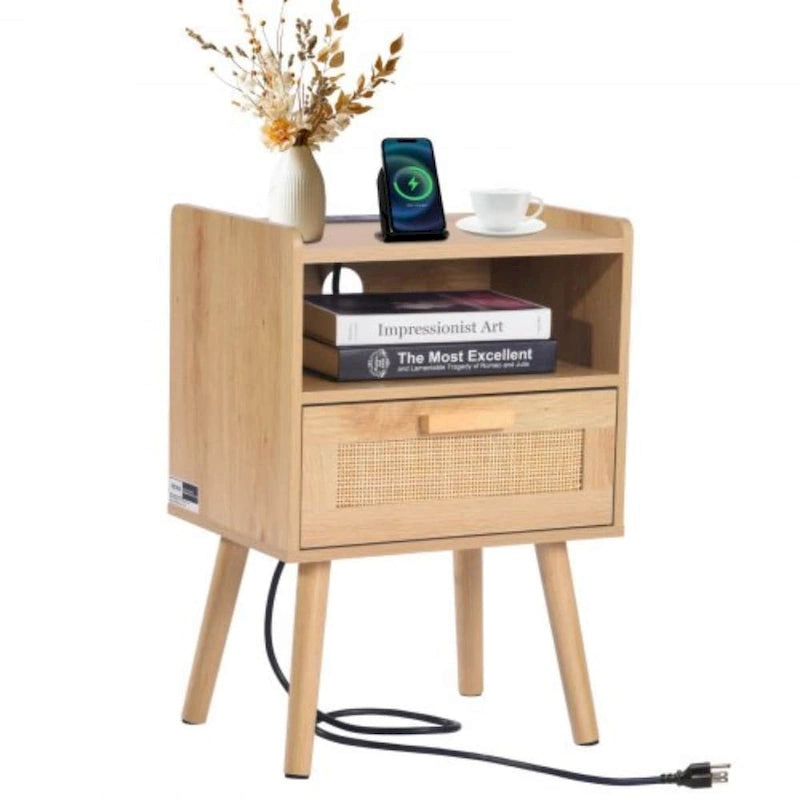 Table de chevet en bois naturel avec 1 tiroir et étagère ouverte, idéale pour le salon ou la chambre à coucher