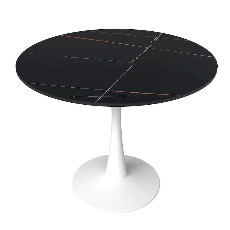 Table à manger ronde moderne de 31 po avec plateau en pierre frittée et piédestal en acier inoxydable blanc
