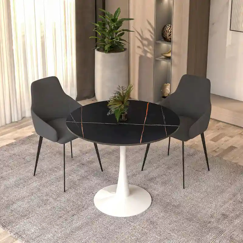 Table à manger ronde moderne de 31 po avec plateau en pierre frittée et piédestal en acier inoxydable blanc