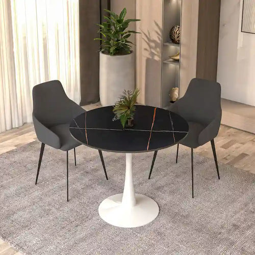 Table à manger ronde moderne de 31 po avec plateau en pierre frittée et piédestal en acier inoxydable blanc