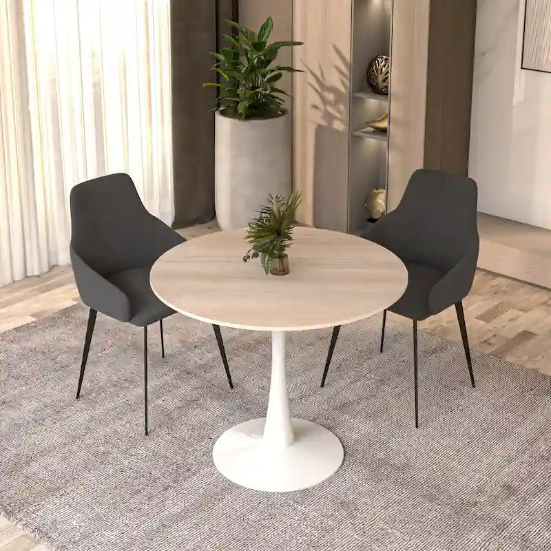 Table à manger ronde moderne de 31 po avec plateau en pierre frittée et piédestal en acier inoxydable blanc