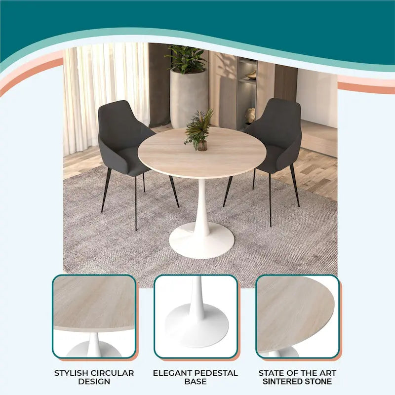 Table à manger ronde moderne de 31 po avec plateau en pierre frittée et piédestal en acier inoxydable blanc