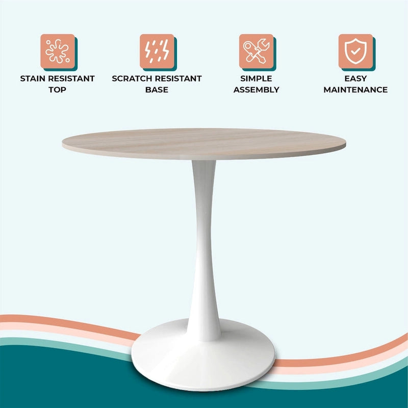 Table à manger ronde moderne de 31 po avec plateau en pierre frittée et piédestal en acier inoxydable blanc