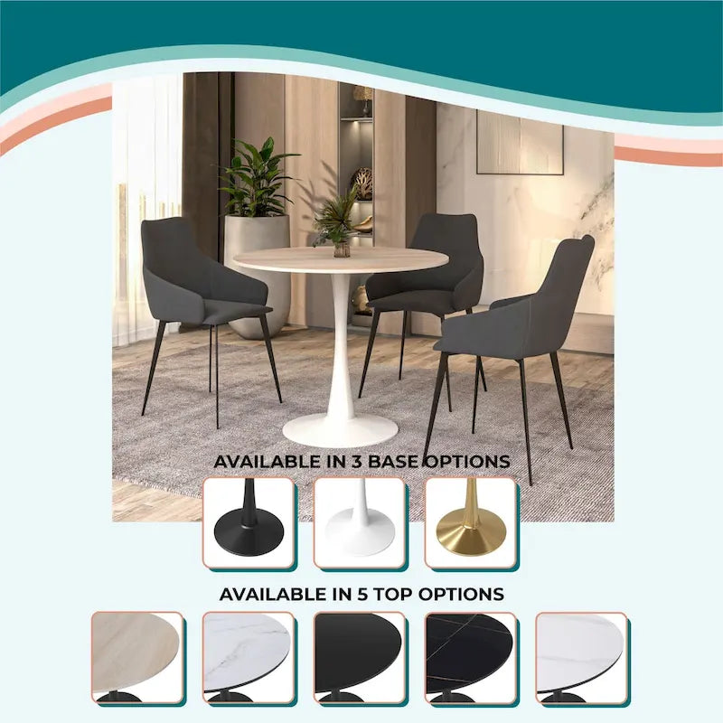 Table à manger ronde moderne de 31 po avec plateau en pierre frittée et piédestal en acier inoxydable blanc