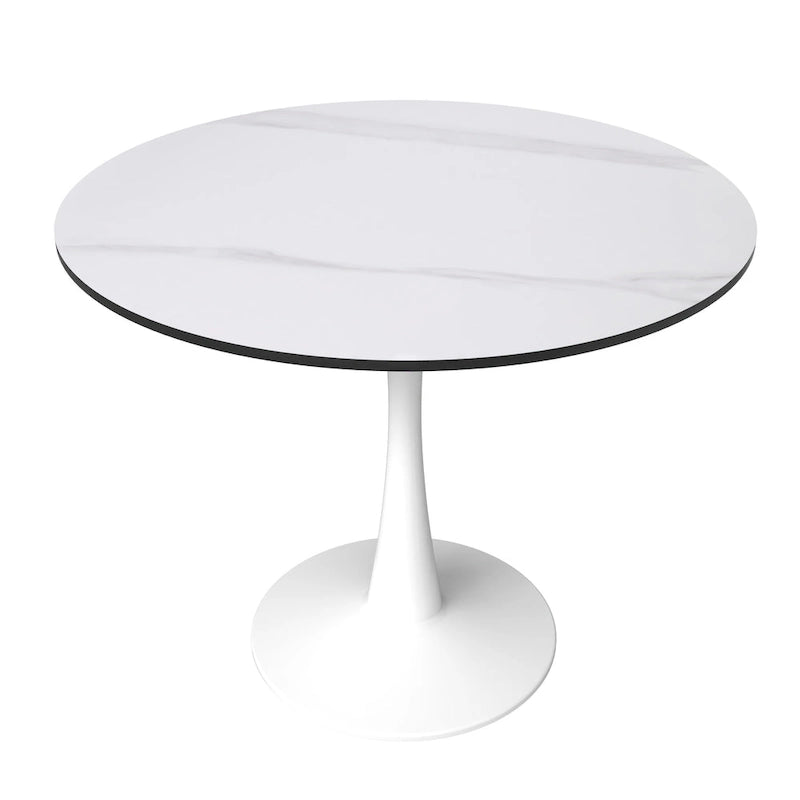 Table à manger ronde moderne de 31 po avec plateau en pierre frittée et piédestal en acier inoxydable blanc