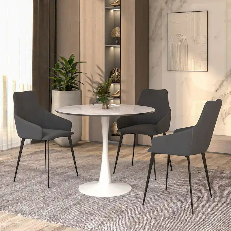 Table à manger ronde moderne de 31 po avec plateau en pierre frittée et piédestal en acier inoxydable blanc