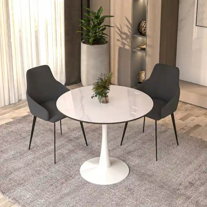 Table à manger ronde moderne de 31 po avec plateau en pierre frittée et piédestal en acier inoxydable blanc