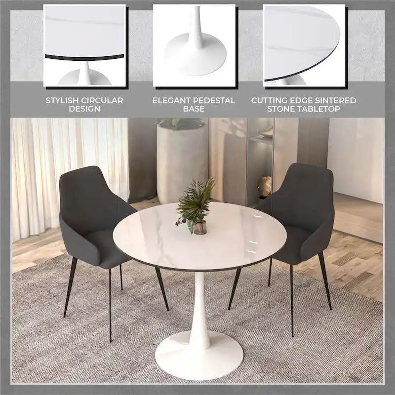 Table à manger ronde moderne de 31 po avec plateau en pierre frittée et piédestal en acier inoxydable blanc