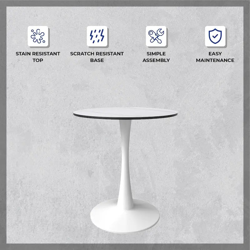 Table à manger ronde moderne de 31 po avec plateau en pierre frittée et piédestal en acier inoxydable blanc