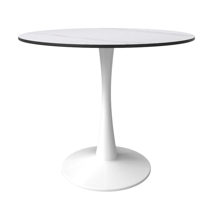 Table à manger ronde moderne de 31 po avec plateau en pierre frittée et piédestal en acier inoxydable blanc